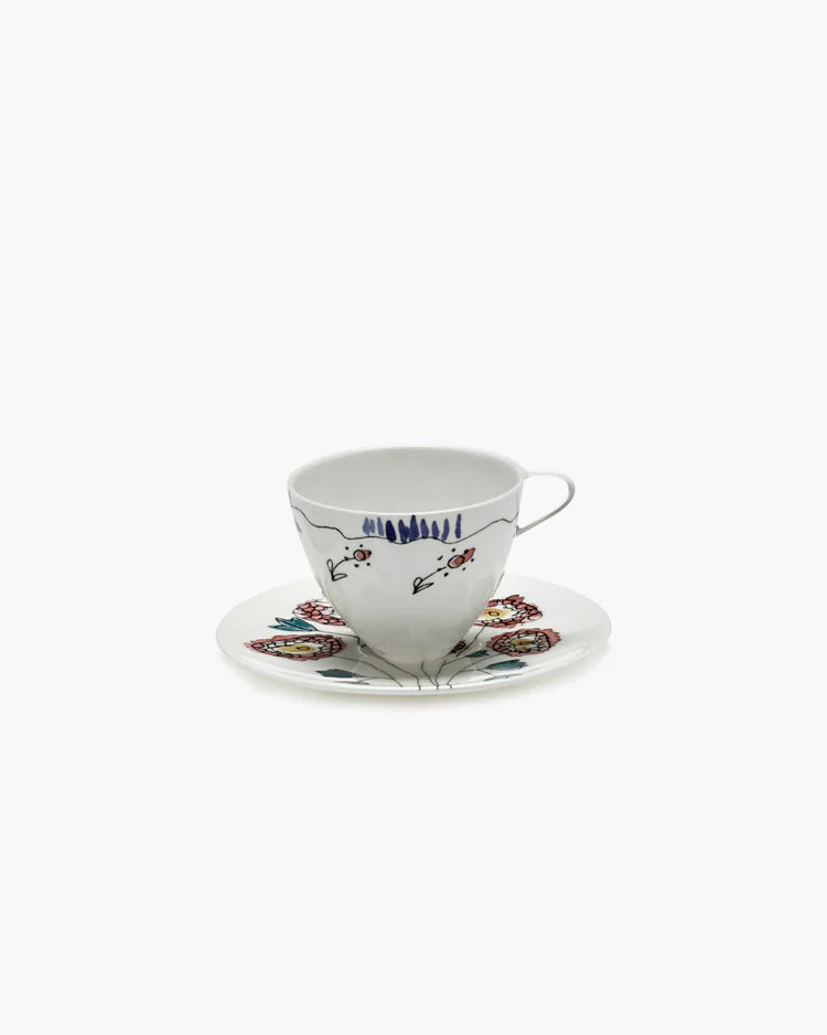 Tall coffee cup with saucer Anemone milk Midnight Flowers - Set of 2